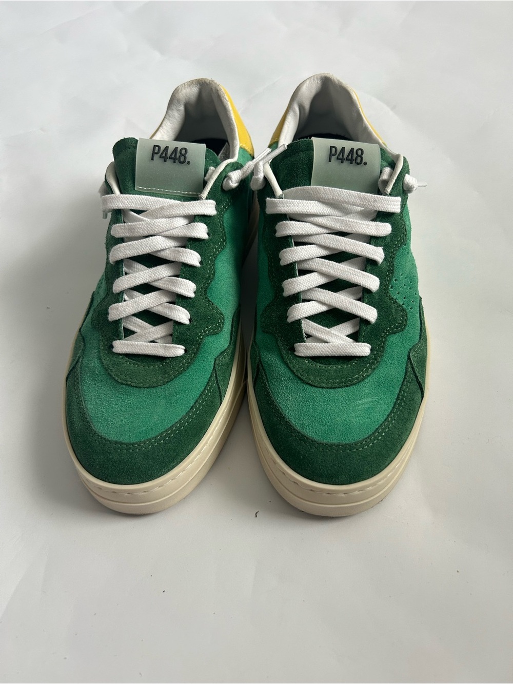 P448 Green Suede Low-Top Sneakers with Yellow Heel Accent